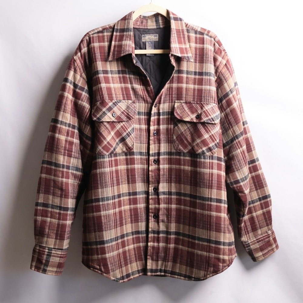 VTG Maroon Red Brown Plaid Quilted Lining Shacket Flannel Jacket Lumberjack XL